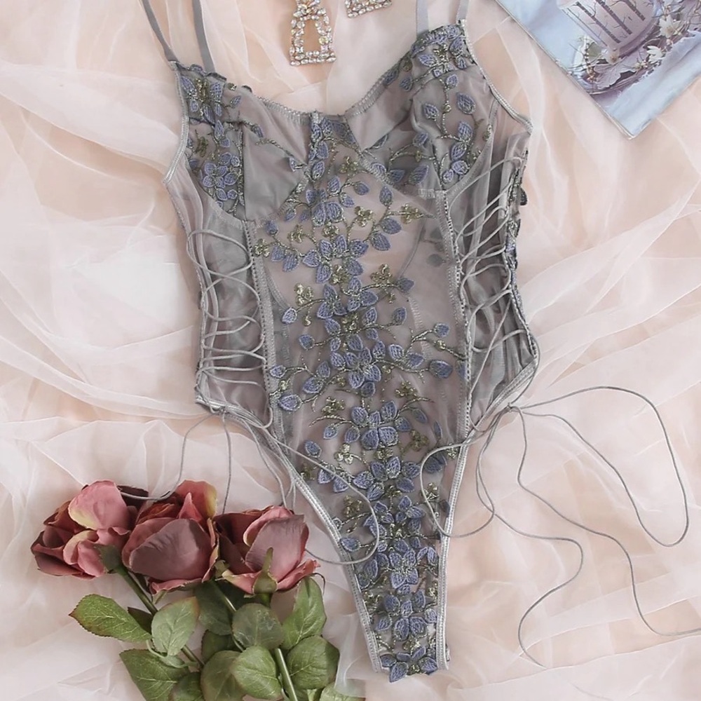 The Bralette Co. Floral Livia Embroidered Sheer Side Lace Up Bodysuit